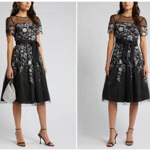 ELIZA J EMBROIDERED ILLUSIONS NECK BLACK DRESS sz 14